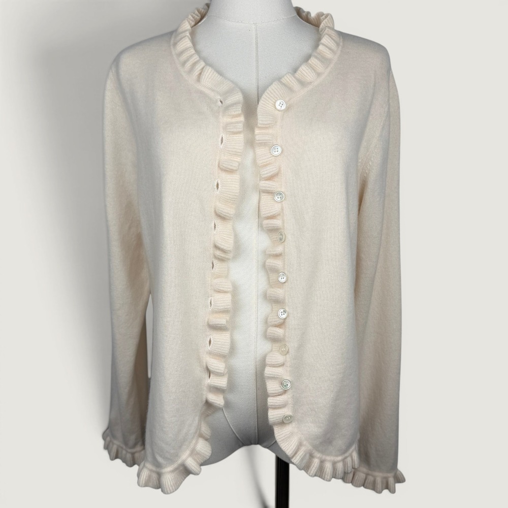 Pure Collection 100% Cashmere Ruffle Trim Cardigan M Quiet Luxury Grandmacore